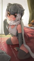 Rule 34 | 1girl, animal ears, bare shoulders, blush, elbow gloves, fingerless gloves, frilled swimsuit, frills, fur collar, gloves, grey gloves, grey hair, grey one-piece swimsuit, grey thighhighs, highres, kemono friends, kotatsu, looking at viewer, melaton, one-piece swimsuit, otter ears, otter girl, short hair, sidelocks, sitting, sleeveless, small-clawed otter (kemono friends), solo, swimsuit, table, thighhighs, white hair, zettai ryouiki