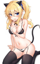 Rule 34 | 1girl, absurdres, animal ears, arm between breasts, arm support, bare arms, bare shoulders, bell, between breasts, bikini, black choker, black thighhighs, blonde hair, blue eyes, blue scrunchie, blush, breasts, cat ears, cat tail, choker, cleavage, collarbone, commentary request, fake animal ears, frilled bikini, frills, front-tie bikini top, front-tie top, garter straps, groin, hair ornament, hair scrunchie, hand up, hayasaka ai, highres, jingle bell, kaguya-sama wa kokurasetai ~tensai-tachi no renai zunousen~, long hair, looking at viewer, maid, maid bikini, medium breasts, messy hair, navel, neck bell, no shoes, open mouth, scrunchie, side ponytail, sidelocks, simple background, sitting, skindentation, solo, stomach, string bikini, sunhyun, swimsuit, tail, thighhighs, unconventional maid, underwear, wavy hair, white background