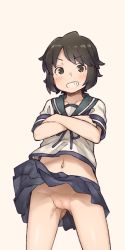 Rule 34 | &gt;:), 10s, 1girl, black hair, censored, clothes lift, collagen, crossed arms, gluteal fold, grin, highres, kantai collection, looking at viewer, miyuki (kancolle), mosaic censoring, navel, no panties, pussy, sailor collar, short hair, simple background, skirt, skirt lift, smile, smug, solo, teeth, thighs, v-shaped eyebrows
