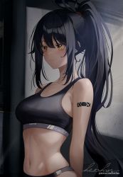Rule 34 | 1girl, arm tattoo, artist name, bare shoulders, belly, black hair, breasts, cleavage, expressionless, heichanart, highres, long hair, looking to the side, medium breasts, navel, patreon username, piercing, ponytail, saki fuwa (tower of fantasy), sleeveless, sports bra, tattoo, tower of fantasy, yellow eyes