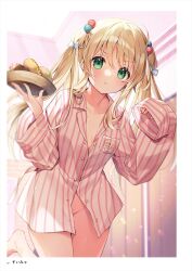 Rule 34 | 1girl, absurdres, blonde hair, blush, bottomless, breasts, cleavage, closed mouth, collarbone, collared shirt, doughnut, food, green eyes, hair bobbles, hair ornament, highres, holding, holding tray, indoors, long hair, long sleeves, looking at viewer, medium breasts, naked shirt, no bra, original, pout, shirt, sleeves past wrists, small breasts, solo, standing, striped clothes, striped shirt, suimya, tray, twintails, vertical-striped clothes, vertical-striped shirt