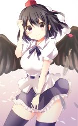 Rule 34 | 1girl, black hair, black ribbon, black skirt, black thighhighs, black wings, breasts, commentary request, cowboy shot, feathered wings, feathers, gradient background, hair between eyes, hand up, hat, highres, kotoriifu, large breasts, looking at viewer, miniskirt, neck ribbon, petticoat, pom pom (clothes), puffy short sleeves, puffy sleeves, purple background, red eyes, ribbon, shameimaru aya, shirt, short hair, short sleeves, sidelocks, skirt, smile, solo, standing, tassel, thighhighs, thighs, tokin hat, touhou, white background, white shirt, wings, zettai ryouiki