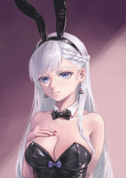 Rule 34 | 1girl, absurdres, animal ears, azur lane, bare shoulders, belfast (azur lane), black leotard, bow, bowtie, braid, breasts, rabbit ears, cleavage, detached collar, earrings, fake animal ears, hand on own chest, highres, jewelry, large breasts, leotard, long hair, playboy bunny, silver hair, simple background, solo, strapless, strapless leotard, upper body, yinghuahua