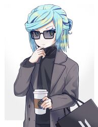 Rule 34 | 1boy, alternate costume, bag, bbhdrrr, black-framed eyewear, blue nails, breath, closed mouth, coat, coffee cup, colored eyelashes, creatures (company), cup, disposable cup, game freak, green eyes, green hair, grusha (pokemon), hand up, highres, holding, holding cup, long sleeves, looking at viewer, male focus, nail polish, nintendo, open clothes, open coat, pokemon, pokemon sv, shopping bag, solo, sunglasses, sweater, turtleneck, turtleneck sweater, upper body