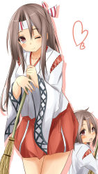 Rule 34 | 10s, 2girls, aged down, aged up, alternate hairstyle, broom, brown hair, commentary request, hachimaki, hair down, headband, heart, highres, if they mated, kantai collection, long hair, looking at viewer, mother and daughter, multiple girls, one eye closed, open mouth, red eyes, saku (kudrove), short hair, skirt, smile, wide sleeves, wink, zuihou (kancolle)