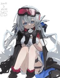 Rule 34 | 1girl, absurdres, arknights, black jacket, blue eyes, feather hair, goggles, goggles on head, grey hair, hair between eyes, hands up, highres, holding, invisible chair, jacket, jacket on shoulders, knees up, looking at viewer, mulberry (arknights), one-hour drawing challenge, osakanadream, shirt, short hair, simple background, sitting, sketch, solo, white background, white shirt