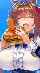 Rule 34 | 1girl, ^ ^, animal ears, ashita (2010), blue background, breasts, burger, carrot, closed eyes, daiwa scarlet (umamusume), fang, food, highres, holding, holding food, horse ears, horse girl, large breasts, long hair, open mouth, red hair, simple background, solo, twintails, umamusume, upper body