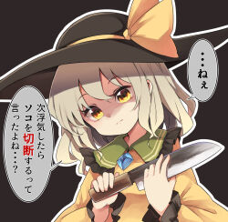 Rule 34 | 1girl, black background, black hat, buttons, closed mouth, collared shirt, diamond button, frilled shirt collar, frilled sleeves, frills, green hair, hat, hat ribbon, highres, holding, holding knife, knife, komeiji koishi, long sleeves, looking at viewer, medium hair, outline, ribbon, shaded face, shirt, simple background, solo, speech bubble, tatuhiro, touhou, translation request, upper body, white outline, yellow eyes, yellow ribbon, yellow shirt