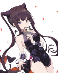 Rule 34 | 1girl, absurdres, bare shoulders, black dress, blue eyes, blunt bangs, blush, breasts, china dress, chinese clothes, cleavage, detached sleeves, dress, fate/grand order, fate (series), hair ornament, highres, leaf hair ornament, long hair, looking at viewer, medium breasts, open mouth, petals, purple hair, side slit, sidelocks, simple background, smile, solo, thighs, torry912, twintails, very long hair, white background, yang guifei (fate), yang guifei (second ascension) (fate)