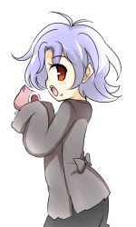 Rule 34 | 100 percent orange juice, 1girl, black skirt, blush, commentary request, food, food on face, grey shirt, holding, holding food, hono, long sleeves, lowres, official art, open mouth, profile, purple hair, red eyes, shirt, sideways mouth, simple background, skirt, sleeves past fingers, sleeves past wrists, solo, suguri, teeth, tsih (orange juice), upper teeth only, white background