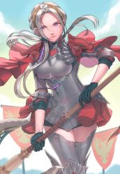 Rule 34 | 1girl, alternate hairstyle, armor, axe, boobplate, breastplate, cape, closed mouth, edelgard von hresvelg, fire emblem, fire emblem: three houses, fire emblem warriors, fire emblem warriors: three hopes, flag, gloves, hair ornament, hair ribbon, highres, long hair, long sleeves, looking at viewer, nintendo, official alternate costume, official alternate hairstyle, purple eyes, radiostarkiller, red cape, ribbon, simple background, solo, weapon, white hair