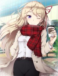 Rule 34 | 1girl, ;), alternate breast size, alternate costume, belt, black pants, blonde hair, blurry, blurry background, blush, bracelet, breasts, brown coat, building, coat, coffee, coffee cup, contemporary, cup, day, disposable cup, dress shirt, earrings, eyebrows, hair ribbon, hand in pocket, highres, jewelry, long hair, looking at viewer, no headwear, one eye closed, outdoors, pants, purple eyes, purple pupils, red scarf, ribbon, scarf, shirt, small breasts, smile, solo, steam, sunlight, touhou, toyosaki shu, tree, unmoving pattern, very long hair, white shirt, wind, yakumo yukari