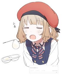 Rule 34 | 1girl, beret, blue vest, blush, bow, brown hair, buttons, closed eyes, commentary, dot nose, feeding, flat chest, food, hat, highres, idolmaster, idolmaster million live!, idolmaster million live! theater days, long sleeves, medium hair, meeeeeeco359, mochi, open mouth, red hat, request inset, shirt, sidelocks, solo, striped, striped bow, suou momoko, uniform series (idolmaster), upper body, vest, wavy hair, white background, white shirt