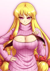 Rule 34 | 1girl, alternate costume, blonde hair, bow, breasts, cleavage, gap (touhou), hair bow, hat, highres, large breasts, long hair, long sleeves, looking at viewer, mazume, meme attire, no headwear, open-chest sweater, purple eyes, ribbed sweater, simple background, smile, solo, sweater, touhou, turtleneck, yakumo yukari