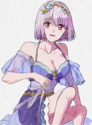 Rule 34 | 1girl, blonde hair, blush, breasts, dress, gridman universe, hair ornament, jewelry, large breasts, light purple hair, looking at viewer, open mouth, purple dress, red eyes, risyo, shinjou akane, short hair, smile, solo, ssss.gridman