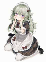 Rule 34 | 1girl, alternate costume, apron, black dress, black footwear, blush, bow, commentary, dress, dress bow, enmaided, frilled apron, frilled dress, frills, fuinagi (huyuu mm), green hair, hair bow, hands on own face, highres, kusanagi nene, long hair, looking at viewer, maid, maid headdress, mary janes, pantyhose, project sekai, puffy short sleeves, puffy sleeves, purple eyes, red bow, shoes, short sleeves, sitting, solo, v-shaped eyebrows, very long hair, wariza, white apron, white pantyhose
