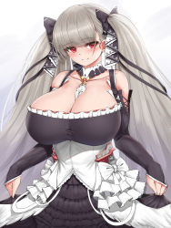 Rule 34 | 1girl, absurdres, azur lane, between breasts, black dress, black ribbon, breasts, cho!cho!, cleavage, closed mouth, detached sleeves, dress, formidable (azur lane), grey hair, hair ribbon, highres, huge breasts, long hair, looking at viewer, red eyes, ribbon, smile, solo, twintails, two-tone dress, two-tone ribbon, very long hair, white dress, white ribbon