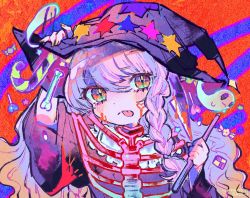 Rule 34 | 1girl, blush, candy, closed mouth, cookie, curly hair, food, frown, ghost, halloween, hat, kiato, lollipop, long hair, orange eyes, original, purple hair, solo, tongue, tongue out, upper body, witch, witch hat