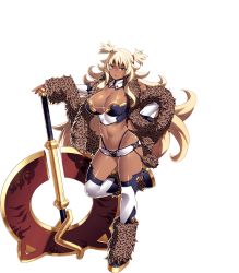 Rule 34 | 1girl, amanda (sennen sensou aigis), armor, axe, bikini armor, bikini tan, blonde hair, boots, breasts, detached collar, full body, highres, holding, holding axe, huge weapon, large breasts, leg up, long hair, looking at viewer, navel, red eyes, sennen sensou aigis, short shorts, shorts, solo, tan, tanline, tasaka shinnosuke, thigh boots, thighhighs, transparent background, two side up, weapon