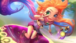 Rule 34 | 1girl, armor, black shorts, blue eyes, braid, closed mouth, gem, green eyes, heterochromia, highres, joy jang, league of legends, long hair, multicolored background, multicolored hair, orange hair, pink hair, pink scarf, portal (object), purple hair, scarf, shorts, smile, solo, toeless footwear, tongue, tongue out, tree, very long hair, w, zoe (league of legends)