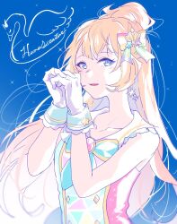 Rule 34 | 1girl, aikatsu! (series), aikatsu stars!, bad id, bad twitter id, blonde hair, blue background, blue eyes, blue ribbon, bow, earrings, gloves, hair bow, hands up, highres, idol clothes, jewelry, long hair, looking at viewer, neck ribbon, open mouth, own hands together, ponytail, ribbon, shiontaso, shiratori hime, smile, solo, star (symbol), star earrings, upper body, white gloves