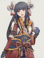 Rule 34 | 1girl, black gloves, black hair, blunt bangs, closed mouth, fewer digits, gloves, highres, japanese clothes, long hair, minoto, monster hunter (series), monster hunter rise, pointy ears, sidelocks, solo, tansan3, yellow eyes