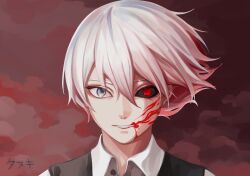 Rule 34 | 1boy, absurdres, black sclera, black vest, blood, collared shirt, colored sclera, gradient background, highres, kaneki ken, limao tanuki, looking at viewer, male focus, multicolored hair, portrait, red background, red eyes, red hair, shirt, short hair, solo, tokyo ghoul, translation request, two-tone hair, vest, white hair, white shirt