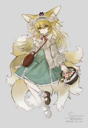 Rule 34 | 1girl, absurdres, alternate costume, alternate hairstyle, animal ears, ankle cuffs, arknights, bag, basket, black footwear, blonde hair, blush, brown bag, character name, dated, dress, flower, fox ears, fox tail, frilled dress, frills, full body, green dress, green eyes, grey background, hair between eyes, hair down, highres, holding, holding basket, jacket, kitsune, long hair, long sleeves, looking at viewer, luo xiaohei zhanji, multiple tails, neck ribbon, open clothes, open jacket, pantyhose, red flower, red ribbon, ribbon, shoes, shoulder bag, simple background, smile, solo, suzuran (arknights), suzuran (spring praise) (arknights), tail, white jacket, white pantyhose, yellow flower, yorusumire