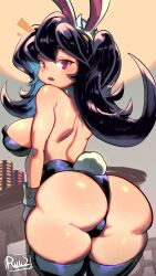 Rule 34 | 1girl, ^^^, alternate costume, alternate hairstyle, animal ears, ass, black hair, blush, breasts, bright pupils, cowboy shot, fake animal ears, filia (skullgirls), highleg, highleg leotard, highres, huge ass, large breasts, leotard, long hair, looking at another, looking at viewer, looking back, open mouth, playboy bunny, poker chip, rabbit ears, rabbit tail, red eyes, ryuji (red-truth), samson (skullgirls), shiny skin, shoulder blades, skullgirls, solo, thick thighs, thighhighs, thighs, thong leotard, twintails, white pupils, wide hips, wrist cuffs