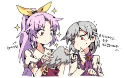 Rule 34 | 2girls, bad id, bad twitter id, blush, bow, bowtie, dress, embarrassed, hair bow, hair ribbon, jacket, kishin sagume, korean text, long hair, long sleeves, multiple girls, open clothes, ori (yellow duckling), ponytail, purple dress, purple hair, red eyes, ribbon, shirt, short hair, silver hair, simple background, single wing, sparkle, touhou, translation request, watatsuki no yorihime, white background, wings