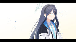 Rule 34 | 1girl, absurdly long hair, absurdres, ao12073010, aris (blue archive), black hair, blue archive, blue eyes, blue necktie, breast pocket, building, collared shirt, commentary, facing away, hair between eyes, hairband, halo, highres, jacket, long hair, long sleeves, multicolored clothes, multicolored jacket, necktie, one side up, open clothes, open jacket, parted lips, pocket, school uniform, shirt, sidelocks, simple background, solo, two-tone jacket, very long hair, white background, white shirt