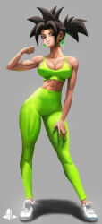 Rule 34 | 1girl, absurdres, black hair, caulifla, colored skin, dragon ball, dragon ball super, earrings, elite nappa, green skin, highres, jewelry, kale, kale (dragon ball), kefla (dragon ball), legs, long legs, muscular, muscular female, potara earrings, potara fusion, sexually suggestive, solo, workout clothes