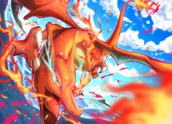 Rule 34 | charizard, claws, cloud, cloudy sky, commentary request, creatures (company), day, fire, flame-tipped tail, game freak, gen 1 pokemon, highres, nintendo, no humans, outdoors, pokemon, pokemon (creature), ririri (user rkrv7838), sky, solo