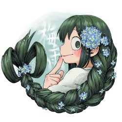 Rule 34 | 10s, 1girl, :&gt;, aiue0, asui tsuyu, blue flower, blush, boku no hero academia, bow-shaped hair, braid, commentary request, finger to mouth, flower, forget-me-not (flower), frog girl, graphite (medium), green eyes, green hair, hair flower, hair ornament, hair rings, hydrangea, long hair, looking at viewer, low-tied long hair, millipen (medium), single braid, smile, solo, traditional media, translation request