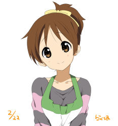 Rule 34 | 1girl, apron, birthday, bow, breasts, brown eyes, brown hair, collarbone, dated, hair bow, high ponytail, hirasawa ui, k-on!, looking at viewer, official style, ragho no erika, shirt, short ponytail, smile, solo, striped clothes, striped shirt, upper body, white background