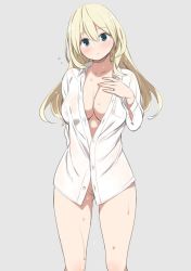 Rule 34 | 10s, 1girl, aqua eyes, atago (kancolle), bad id, bad twitter id, blonde hair, blush, breasts, cleavage, convenient censoring, dress shirt, female pubic hair, flying sweatdrops, grey background, hand on own chest, highres, inactive account, kantai collection, large breasts, long hair, naked shirt, nora higuma, parted lips, pubic hair, see-through, shirt, simple background, solo, wet, wet clothes, wet shirt