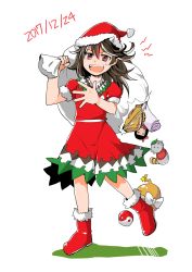 Rule 34 | 1girl, 2017, boots, brown hair, carrying bag, christmas, commentary request, dated, doll, double dealing character, dress, fang, hair between eyes, hand on own chest, hat, highres, horns, kijin seija, long hair, looking at viewer, multicolored hair, open mouth, raccoon tail, red eyes, red hair, santa hat, shadow, solo, streaked hair, sweatdrop, tail, tako (plastic protein), touhou, yin yang orb