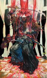 Rule 34 | 1boy, artist request, blood, ghost of tsushima, katana, male focus, mask, sakai jin, samurai, sword, weapon