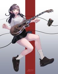 Rule 34 | 1girl, absurdres, black hair, cable, collarbone, earrings, electric guitar, ghode (basashi), gibson les paul, green eyes, guitar, highres, instrument, jewelry, original, shirt, shoes, skirt, sneakers, socks, solo, white shirt, white socks