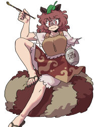 Rule 34 | 1girl, absurdres, animal ears, brown eyes, brown hair, brown skirt, closed mouth, commentary, eddybird55555, english commentary, full body, futatsuiwa mamizou, glasses, gourd, highres, holding, holding smoking pipe, leaf, leaf on head, looking at viewer, medium hair, raccoon ears, raccoon girl, raccoon tail, short sleeves, simple background, sitting on tail, skirt, smoking pipe, solo, tail, touhou, white background