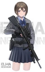 Rule 34 | 1girl, absurdres, battle rifle, black gloves, black jacket, blue bow, blue bowtie, blue shirt, blue skirt, bow, bowtie, brown hair, character name, closed mouth, gloves, gun, h&amp;k g3, hair between eyes, handgun, highres, holding, holding gun, holding weapon, holstered, jacket, long sleeves, looking at viewer, original, partially fingerless gloves, pistol, polo shirt, purple eyes, rifle, school uniform, shiroyama soh, shirt, simple background, skirt, solo, trigger discipline, v-shaped eyebrows, weapon, white background