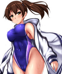 Rule 34 | 1girl, absurdres, blue one-piece swimsuit, breasts, brown eyes, brown hair, competition swimsuit, covered navel, cowboy shot, day, hair between eyes, highleg, highleg swimsuit, highres, jacket, kaga (kancolle), kantai collection, large breasts, looking at viewer, medium hair, one-piece swimsuit, outdoors, side ponytail, simple background, solo, swimsuit, swimsuit under clothes, wet, wet clothes, wet swimsuit, white background, white jacket, zanntetu