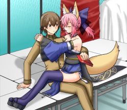Rule 34 | 10s, animal ears, arm support, brown hair, fate/extra, fate (series), fox ears, japanese clothes, kimono, kishinami hakuno (male), pink hair, ria (arinakanomiu), sitting, sitting on lap, sitting on person, tamamo no mae (fate/extra)