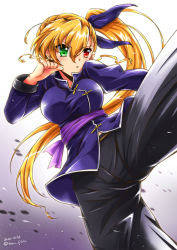 Rule 34 | 1girl, black pants, blonde hair, blue shirt, chinese clothes, clenched hand, commentary, dated, frown, green eyes, heterochromia, high kick, highres, kicking, leg up, long sleeves, looking to the side, lyrical nanoha, mahou shoujo lyrical nanoha vivid, pants, parted lips, purple sash, red eyes, san-pon, sash, shirt, side ponytail, solo, standing, standing on one leg, tangzhuang, twitter username, vivio