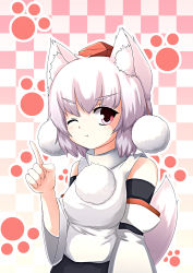 Rule 34 | 1girl, :t, absurdres, angry, animal ears, checkered background, detached sleeves, female focus, hat, highres, inubashiri momiji, minaduki, minazuki (aqua-city), one eye closed, pointing, pout, red eyes, short hair, solo, tail, tokin hat, touhou, white hair, wink, wolf ears, wolf tail