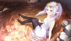 Rule 34 | 1girl, absurdres, bare arms, black pantyhose, collarbone, dress, floating hair, flower, frieren, head wreath, highres, long hair, pantyhose, pink flower, short dress, sitting, sleeveless, sleeveless dress, solo, sousou no frieren, twintails, white dress, white flower, white hair, yellow flower, yimiao
