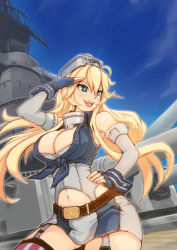 Rule 34 | 10s, 1girl, bare shoulders, blonde hair, blue eyes, breasts, cleavage, curvy, fang, fingerless gloves, garter straps, gloves, historical name connection, iowa (kancolle), kantai collection, large breasts, long hair, looking afar, midriff, miniskirt, name connection, navel, object namesake, open mouth, skirt, smile, solo, star-shaped pupils, star (symbol), symbol-shaped pupils, thighhighs, uss iowa (bb-61), wide hips, xion, xion (artist), zettai ryouiki