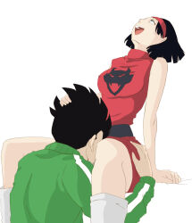 Rule 34 | 1boy, 1girl, between legs, black hair, blue eyes, breasts, couple, cunnilingus, dragon ball, dragon ball super, face in crotch, grin, hand on another&#039;s head, headband, highres, medium breasts, open mouth, oral, sexually suggestive, sitting, skirt, smile, son gohan, sweater, videl