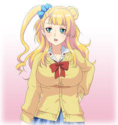 Rule 34 | 10s, 1girl, asymmetrical hair, blonde hair, blue eyes, breasts, female focus, galko, gradient background, hand on own hip, large breasts, long hair, mumumu (road), oshiete! galko-chan, parted lips, pink background, side ponytail, solo, white background
