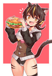 Rule 34 | 1girl, :d, animal ears, black hair, black jacket, black panties, burger, cat ears, cat girl, cat tail, commentary, cougar (cougar1404), cut cat, facial mark, fang, food, holding, holding food, hood, hood down, hooded jacket, jacket, kua (cougar1404), long sleeves, looking at viewer, multicolored hair, no pants, notice lines, open mouth, orange eyes, orange hair, outline, outside border, panties, prototype design, red background, ribbed panties, short hair, single thighhigh, smile, solo, standing, streaked hair, tail, thighhighs, underwear, whisker markings, white outline